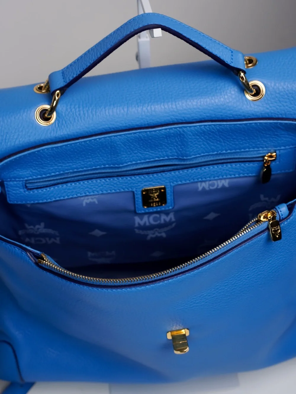 MCM First Lady Large Royal Blue Pebbled Leather Satchel Shoulder Bag